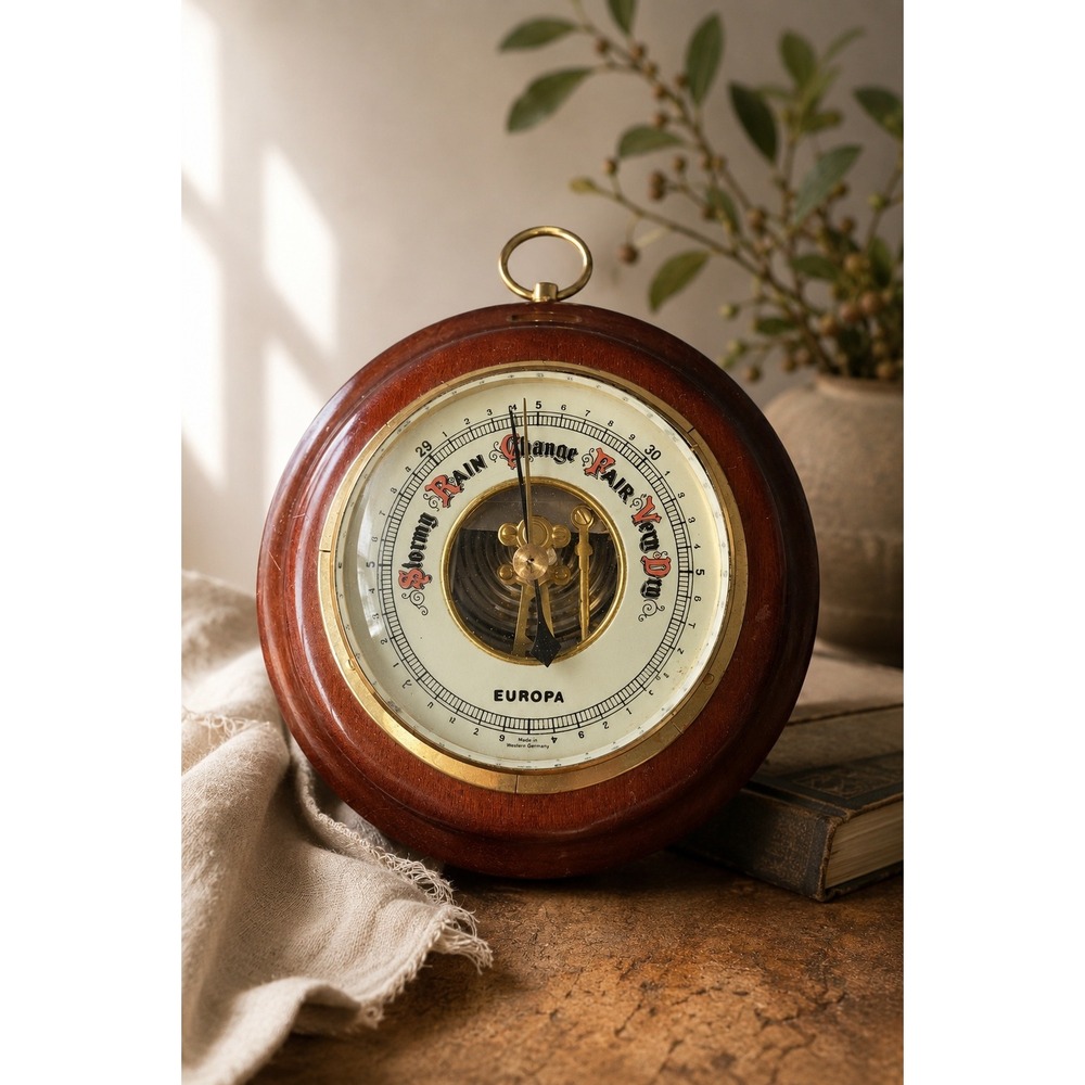 Vintage Europa Barometer West Germany Mahogany Wood Brass Weather Station Wall